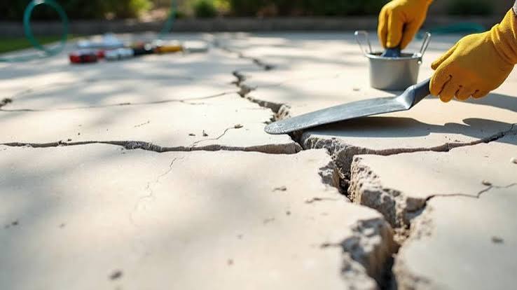 A technician applying crack filler to a cracked concrete driveway slab